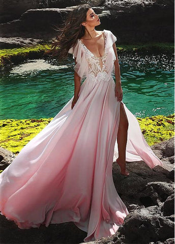 Cap Sleeve Satin Chiffon V-neck Pink Prom Dress 