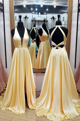 Yellow Satin Halter Backless A Line Prom Dress With Slit