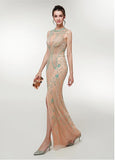 Champagne Jewel Beading Long Slit Mermaid Prom Dress