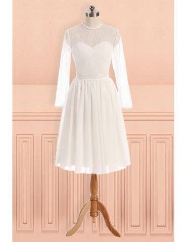 See Through Tulle Knee Length Sheer Round Long Sleeves Wedding Dress