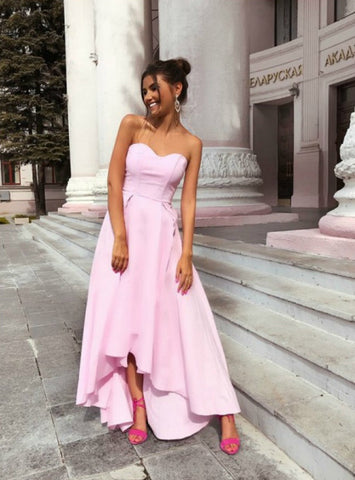 Sweetheart Hi Lo A-Line Pink Satin Prom Dress
