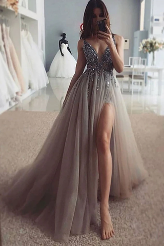 Tulle Sequin Gray V Neck Sexy Long Prom Dress With Slit