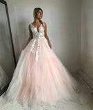 Pink V Neck Tulle Lace Appliques Wedding Dress
