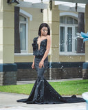 Sheer Tulle Court Train Mermaid Sexy Appliques Black Prom Dress