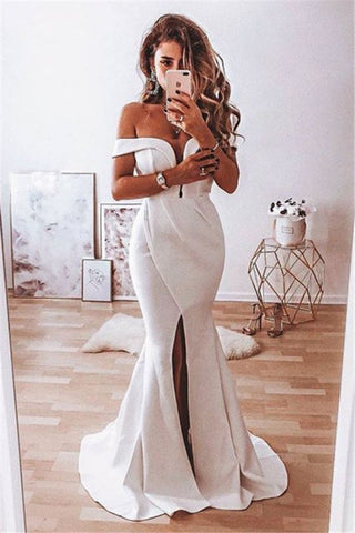 Satin Sexy Split Front Mermaid Off The Shoulder Lace Wedding Dress