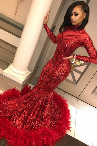 Sexy Sequins Appliques Long Sleeve Mermaid Feather Red Prom Dresses