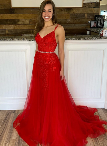 Spaghetti Straps Beading A-line Red Tulle Appliques Prom Dress
