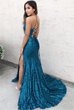 Sexy Blue Halter Sequins Side-Slit Criss-Cross Mermaid Prom Dress