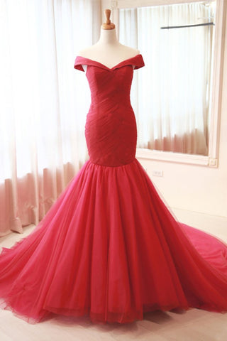 Long Off The Shoulder Red Tulle Mermaid Prom Dress