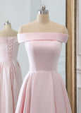 Satin Off-the-shoulder Pink Satin A-line Prom Dress