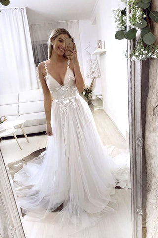 Tulle Lace Long White V Neck Appliques Prom Dress