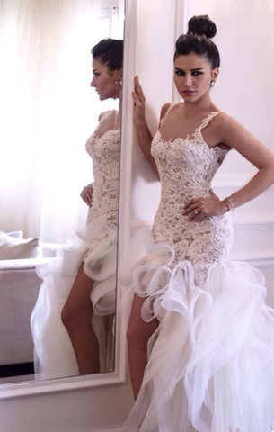 Organza Sexy Short Lace Top Sheer Back Front Long Back Bridal Wedding Dress
