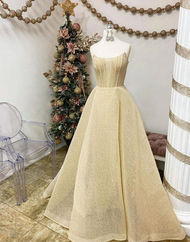 Strapless Gold Sequin Zipper Up A Line Prom Dress