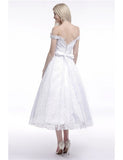Lace Tea Length A Line Off The Shoulder Wedding Dress With Belt