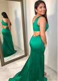Acetate Satin One Shoulder Green Mermaid Evening Dress