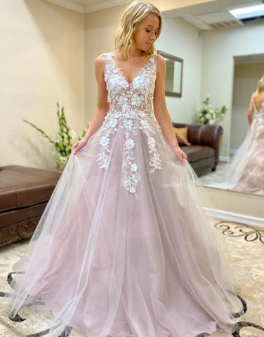 Floral V Neck Tulle See Through Pink A Line Prom Dress
