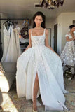 Lace Appliques A Line Straps Long Wedding Dress With Slit