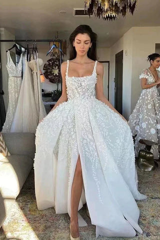 Lace Appliques A Line Straps Long Wedding Dress With Slit