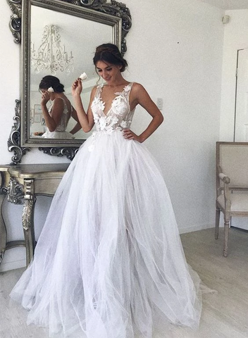 V Neck Tulle Ball Gown Appliques Backless Wedding Dress