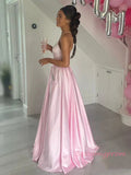 Halter Satin A Line Long Pocket Pink Prom Dress