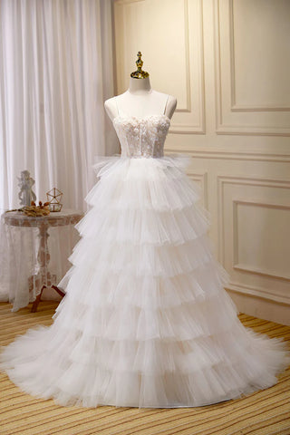 3D Flowers Spaghetti Straps Beading Ivory Tulle Wedding Dress