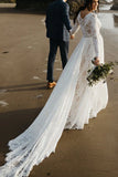V Neck Long Sleeves Lace Beach Sheer Wedding Dress