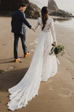 V Neck Long Sleeves Lace Beach Sheer Wedding Dress