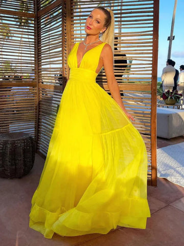 A Line V Neck Yellow Backless Tulle Long Prom Dress