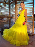 A Line V Neck Yellow Backless Tulle Long Prom Dress