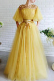 Scoop Beading A Line Yellow Tulle Cap Sleeves Prom Dress With Belt