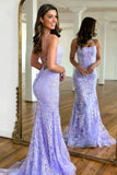 Lavender Tulle Trumpet Mermaid Backless Prom Dress