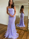 Lavender Tulle Trumpet Mermaid Backless Prom Dress