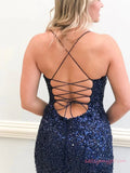 Open Back Navy Blue Sequins Prom Dress with High Slit