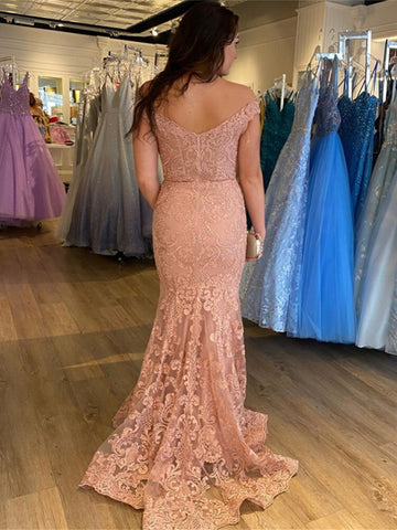 Pink Off The Shoulder Lace Sexy Sleeveless Mermaid Prom Dress