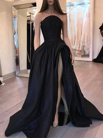 Black Satin A Line Strapless Prom Dress With Slit