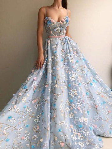 Spaghetti Strap Handmade Flower Blue Tulle Applique Prom Dress