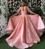 Blush Pink Lace Zipper Long Appliques Short Sleeves Prom Dress