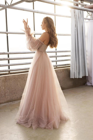 Pink Off The Shoulder Long Sleeve A Line Wedding Dress