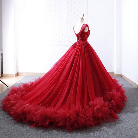 Jewel Neckline Cap Sleeves Ball Gown Evening Dress With Lace Appliques & Beadings US4 / Burgundy Jewel Neckline Cap Sleeves Ball Gown Evening Dress With Lace Appliques & Beadings US4 / Burgundy