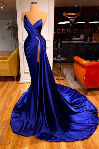 Royal Blue Satin Beading Ruched Prom Dress With Slit