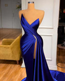 Royal Blue Satin Beading Ruched Prom Dress With Slit