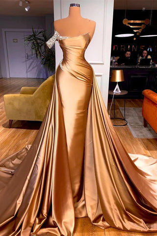 Gold Satin One Shoulder Overskirt  Prom Dress
