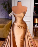 Gold Satin One Shoulder Overskirt  Prom Dress