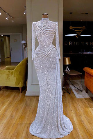 Long Sleeve White Sequin Pleated Long Prom Dress