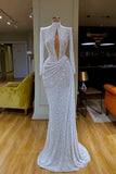 High Neck Keyhole Long Sleeve Sequin White Prom Dress