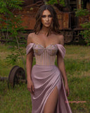 Off The Shoulder Purple Satin Sheer Prom Dress With Slit