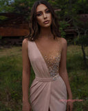 Beading Sheer Pink Scoop A Line Prom Dress With Slit