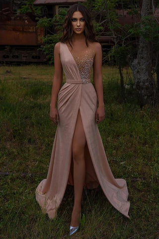 Beading Sheer Pink Scoop A Line Prom Dress With Slit