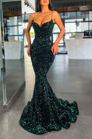 Spaghetti Straps Sequin Green Mermaid Prom Dress