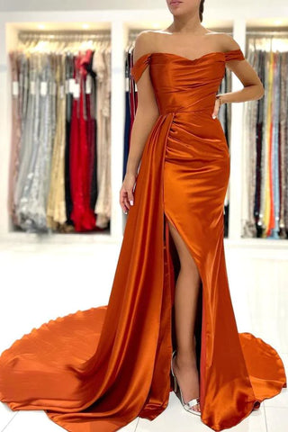Satin Detachable Train Orange Trumpet Mermaid Prom Dress